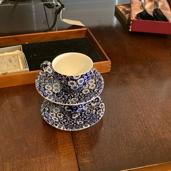 Blue & White Demi-Tasse Pair England - Picture 1 of 3